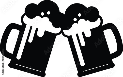 Beer mug silhouette, Two clinking beer mugs icon vector