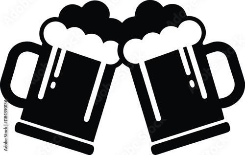 Beer mug silhouette, Two clinking beer mugs icon vector