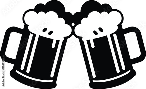 Beer mug silhouette, Two clinking beer mugs icon vector