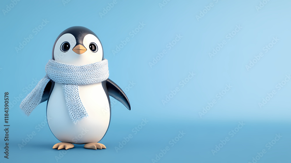 Obraz premium An adventurous 3d penguin sporting a cozy scarf stands on a frosty blue backdrop, all set for the winter ahead. Frostleaf. Illustration