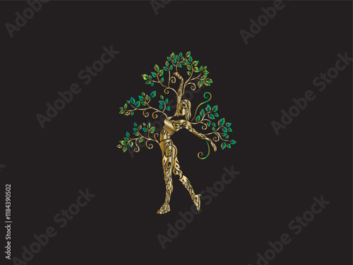 Abstract Human tree logo. Unique Tree Vector illustration with woman dancing woman pose