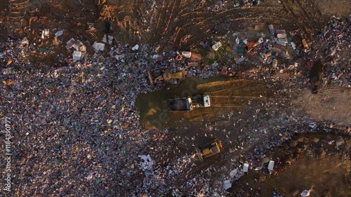 Aerial view of a large unsanitary landfill with garbage and debris, Tirana, Albania.