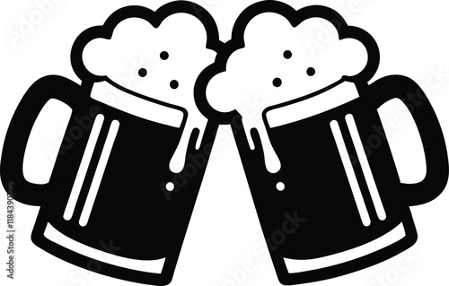 Beer mug silhouette, Two clinking beer mugs icon vector