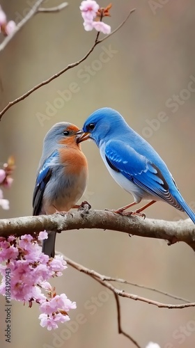 Colorful Birds Interacting in Forested Background Setting photo