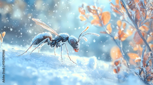 An ice-coated ant moving through a snowy landscape, with a frostily blurred background. frostveil. illustration. Frostleaf. Illustration photo