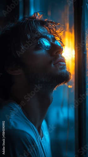 Man in Sunglasses Gazing at a Sunset Through Rain
