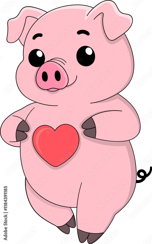 Adorable Pink Pig Holding Heart for Valentines Day Illustration Adorable Pink Pig Holding Heart for Valentines Day Illustration