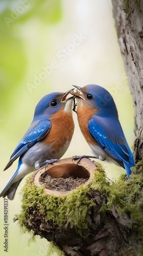 Eastern Bluebirds Displaying Love on Wooden Stump photo