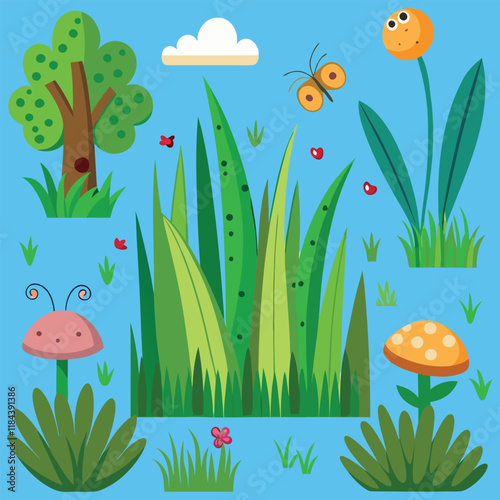 Different doodles of grass tree cartoon design vector art