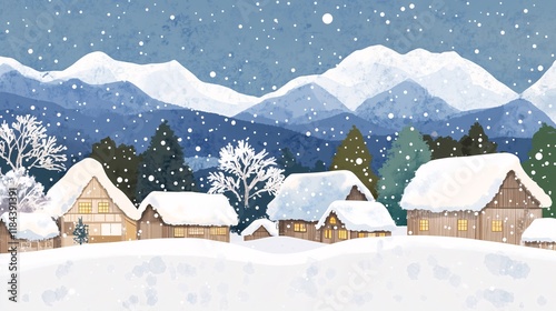 An illustration of a snowy village at night, featuring traditional thatched-roof houses with a backdrop of snow-covered mountains