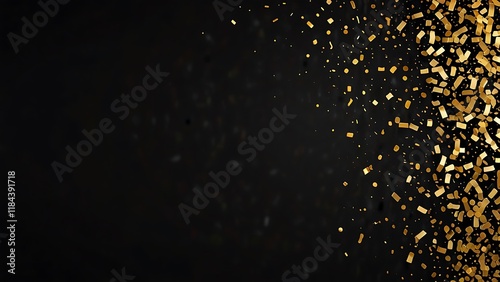 Gold confetti rain on black background with copy space for celebration and festivity
