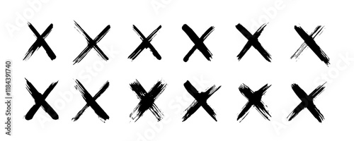 Set of grunge crosses, hand drawn brush symbols, black signs on white background. Vector illustration.