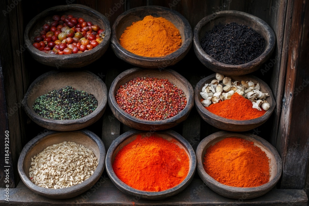 An exotic marketplace featuring unusual fruits and spices, displayed in vibrant, colorful arrangements An exotic marketplace featuring unusual fruits and spices, displayed in vibrant, colorful arrangements