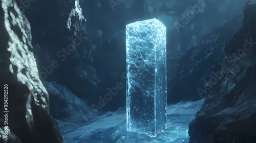 Cubes ice tower emerges like a crystal sentinel in the depths of the canyon. Frostleaf. Illustration photo