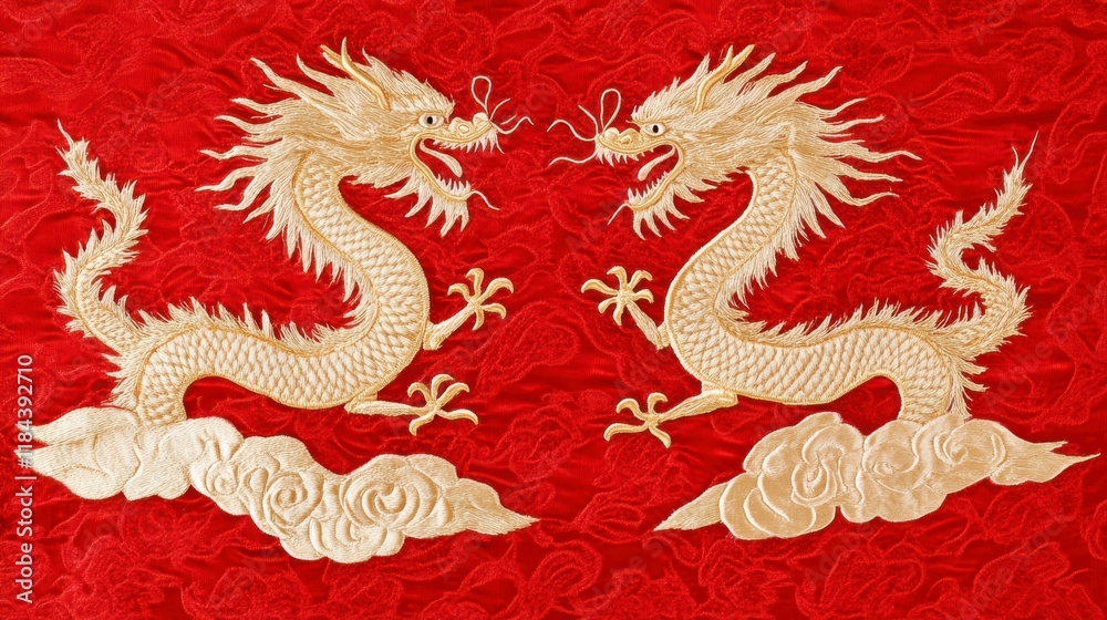 Fototapeta premium Majestic Chinese Dragons Embroidered on Red Fabric Background