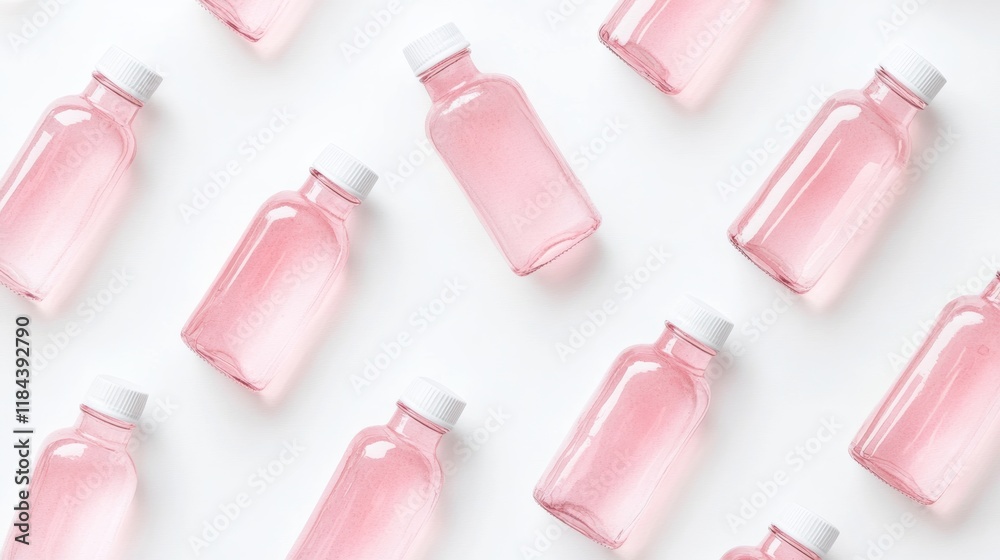 Grid pattern of Indian rose water bottles, dessert ingredient, realistic style, top view, isolated on white background