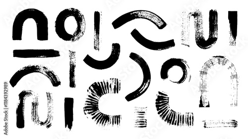 Set of black brush strokes with grunge texture, scribbles with grainy texture. Collection of abstract shapes, vector hand drawn geometric lines, chaotic design elements.