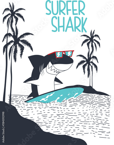 A Fun Shark Surfer in Sunglasses on a Tropical Wave