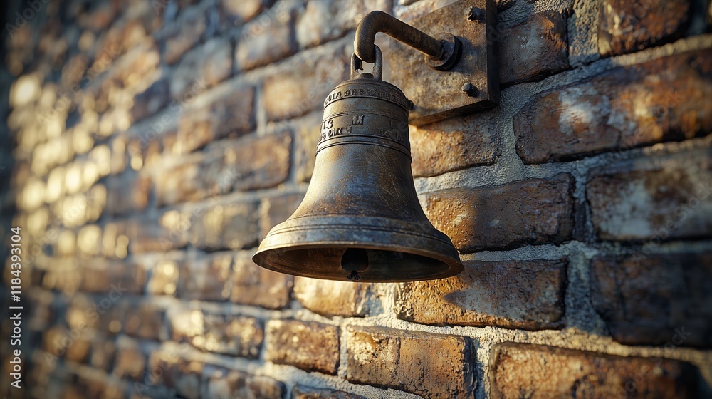 Obraz premium Antique Brass Bell Hangs on Weathered Brick Wall in Unique Setting
