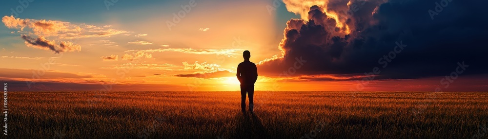 A silhouette of a person standing against a stunning sunset in an open field. A silhouette of a person standing against a stunning sunset in an open field.