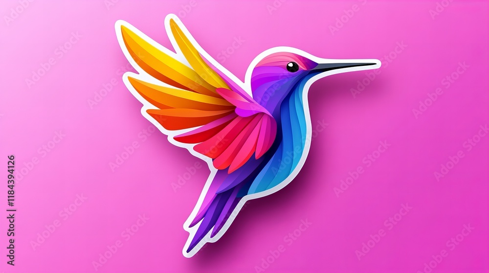 Obraz premium Vibrant rainbow hummingbird in flight against a pink backdrop. A colorful and playful design.