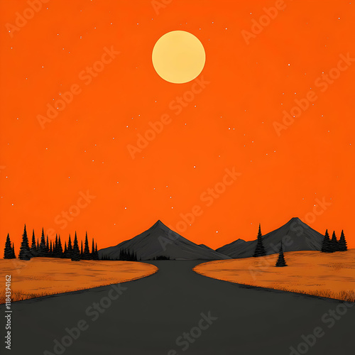 Orange Sunset Mountain Road Illustration photo