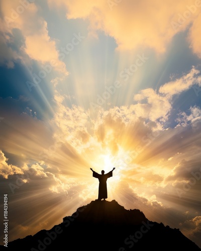 Man raised hands offers a prayer faith, hope under light of heaven, seeking god's help. People gather in a church on Good Friday to worship, pray, and believe in grace love of jesus.