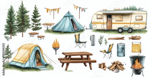 Hand-drawn watercolor camping clipart set with tents, caravans, campfires, wood benches, and outdoor equipment, detailed vector illustrations