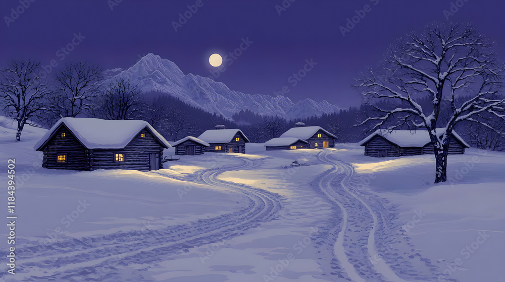 Fototapeta premium Winter Village Illustration: Snowy Cabins Moonlight