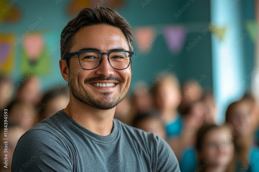 Portrait of happy physical education teacher during class at school gym. Generative AI