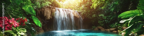 Exotic waterfall cascading into turquoise pool surrounded by lush jungle foliage