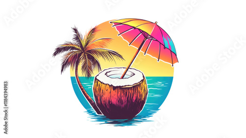 Tropical Coconut Drink with Colorful Umbrella and Palm Tree Set Against a Vibrant Ocean Sunset for Relaxation and Vacation Imagery photo