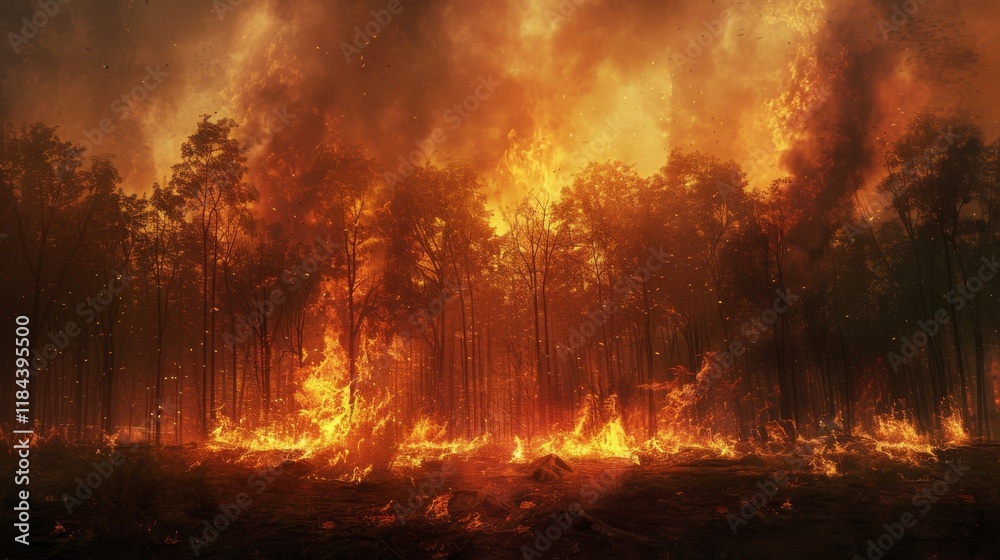 Wildfire engulfs forest landscape with intense flames and smoke during dry season in the evening hours Wildfire engulfs forest landscape with intense flames and smoke during dry season in the evening hours