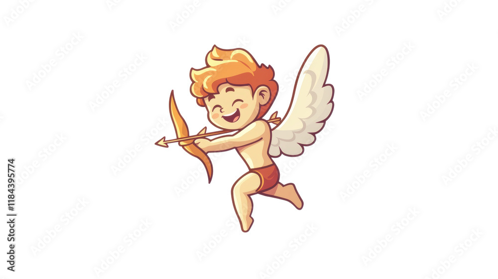 Obraz premium Playful Angelic Character with Bow and Arrow, Cute Cartoon Illustration of a Cherubic Figure Ready to Shoot Cupid’s Arrow of Love and Happiness in a Joyful Scene