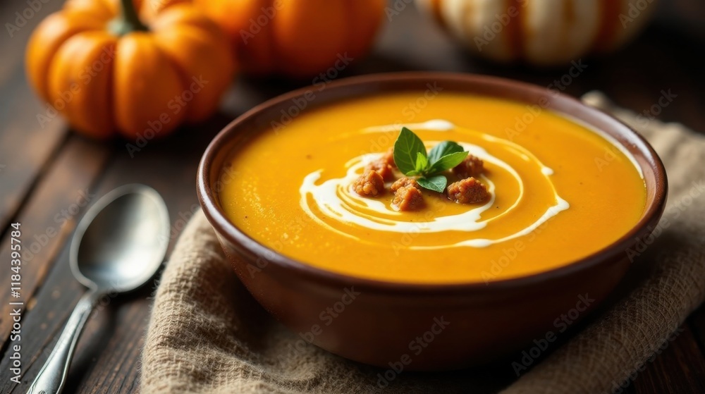 Creamy Autumn Pumpkin Soup with Savory Croutons and Fresh Herb Garnish Creamy Autumn Pumpkin Soup with Savory Croutons and Fresh Herb Garnish