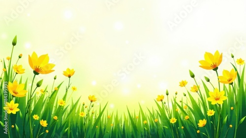Vibrant Yellow Flowers Blooming in a Lush Green Meadow with a Soft, Sunny Background