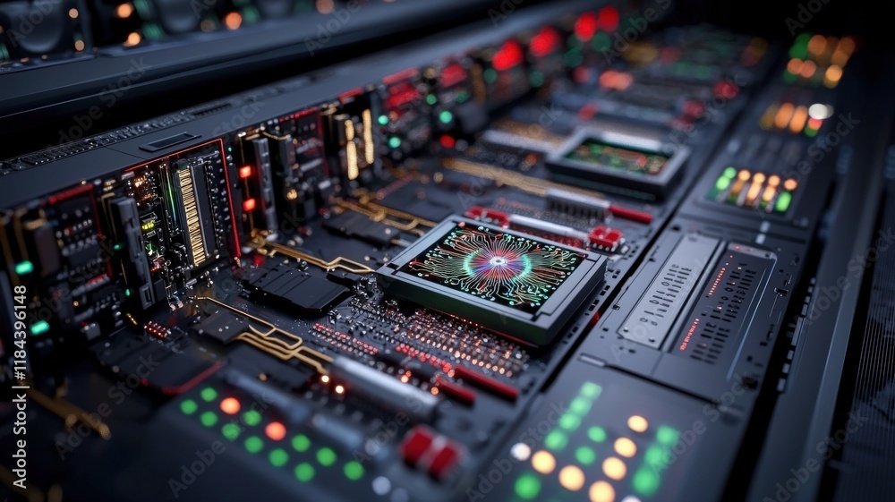 Quantum and supercomputing research concept. Rendering of a quantum computer circuit, showcasing advanced technology and intricate design in a visually appealing format. Quantum and supercomputing research concept. Rendering of a quantum computer circuit, showcasing advanced technology and intricate design in a visually appealing format.