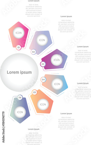 Colorful Modern shape Semicircle divided into 6 parts. Concept of six 6 step infographic