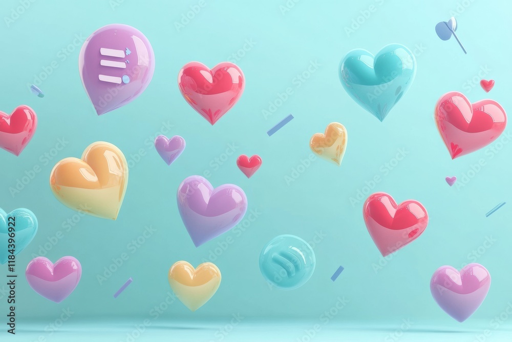 Floating 3D chat bubbles, hearts, and arrows create a lively conversation atmosphere in vibrant colors above a simple background. Generative AI Floating 3D chat bubbles, hearts, and arrows create a lively conversation atmosphere in vibrant colors above a simple background. Generative AI