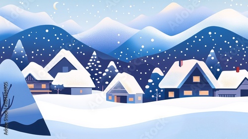 An illustration of a snowy village at night, featuring traditional thatched-roof houses with a backdrop of snow-covered mountains