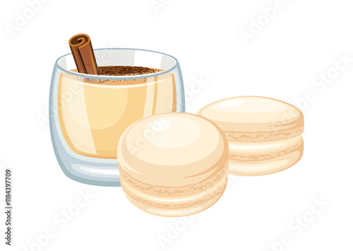 Eggnog macarons and glass of eggnog drink vector illustration. Yellow french macaroons icon vector isolated on a white background. Macarons and eggnog with cinnamon stick drawing