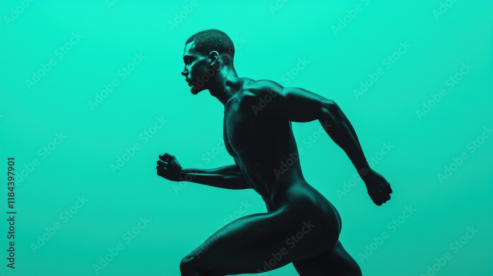 Dynamic Man Running in Artistic Pose Against Vibrant Turquoise Background