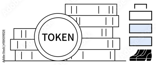Stacks of tokens labeled TOKEN next to a blockchain stack diagram. Ideal for cryptocurrency, blockchain technology, digital transactions, decentralized finance DeFi, security, digital assets