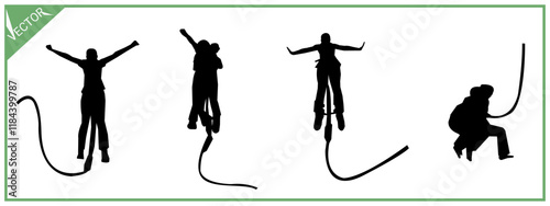 Bungee jumping silhouette set. Isolated on white background. Extreme sport.