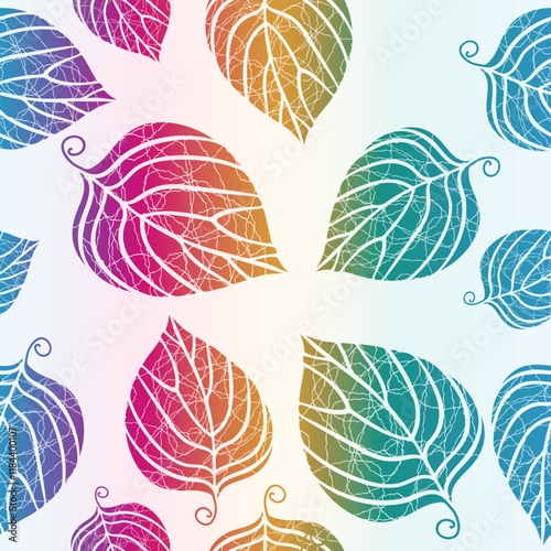 Vector illustration of colorful gradient leaves seamless pattern. Floral grunge rainbow organic background. For textiles, wallpaper and packaging.