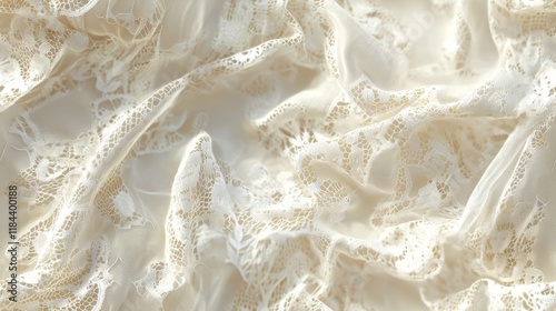 A delicate, textured fabric with intricate lace patterns, showcasing a soft, creamy hue and elegant draping.