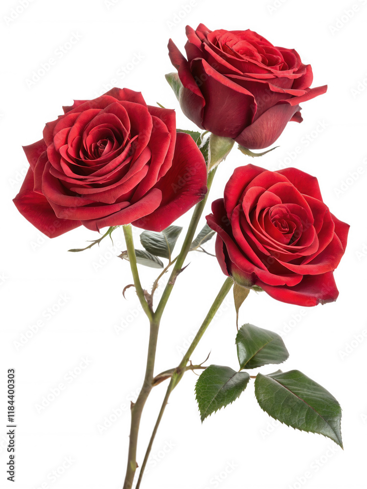 Obraz premium Three vibrant red roses with lush green leaves, showcasing their intricate petals and natural beauty.