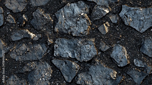Wallpaper Mural A close-up view of dark, rugged rocks, showcasing their textured surfaces and scattered gravel, evoking a natural, earthy aesthetic. Torontodigital.ca