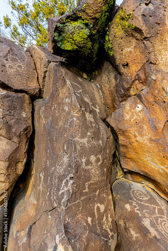 Ancient Native American Symbols on Rock Panels, La Cieneguilla Petroglyphs, Santa Fe, New Mexico, USA Ancient Native American Symbols on Rock Panels, La Cieneguilla Petroglyphs, Santa Fe, New Mexico, USA