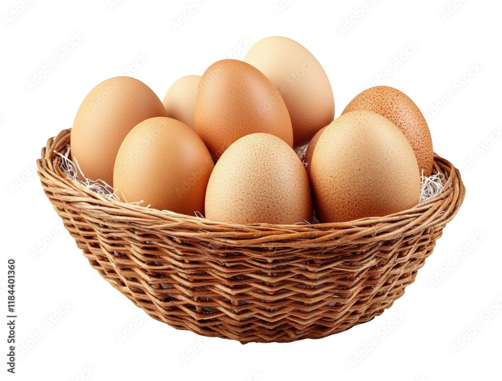 Fresh organic eggs in a basket high fidelity minimalist setting culinary concept isolated on transparent background png Fresh organic eggs in a basket high fidelity minimalist setting culinary concept isolated on transparent background png